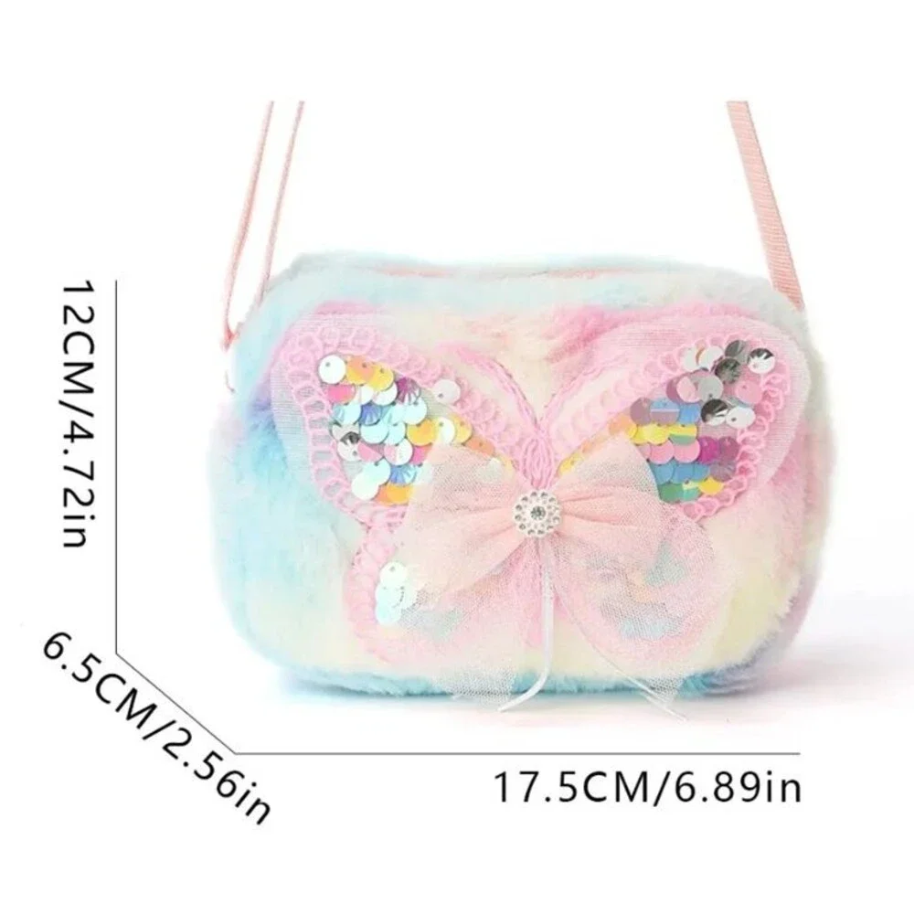 Cotton Candy FUR Sequin BUTTERFLY Crossbody Bag Purse Plush Furry